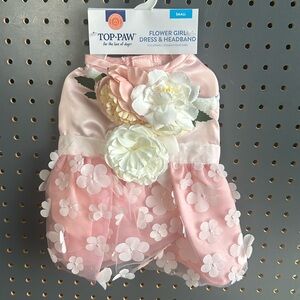 New Top Paw Flower Girl Dog Dress & Headband Pink Wedding Costume